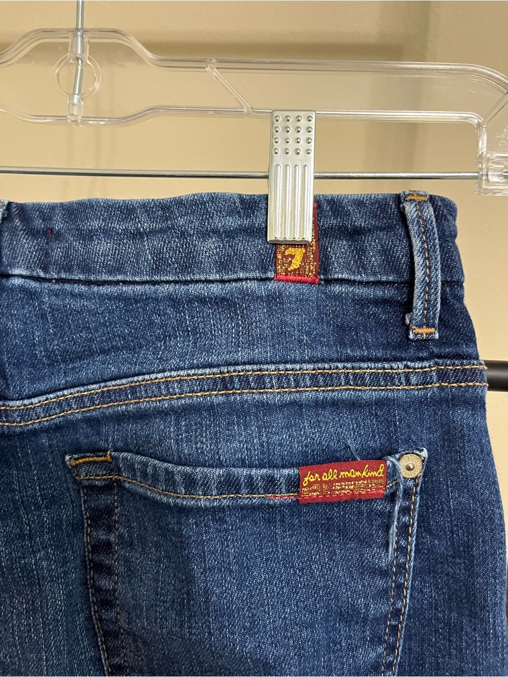 7 For All Mankind Denim Midi Skirt 27 Dark Wash Raw Hem Cotton Spandex Small S - Picture 11 of 13